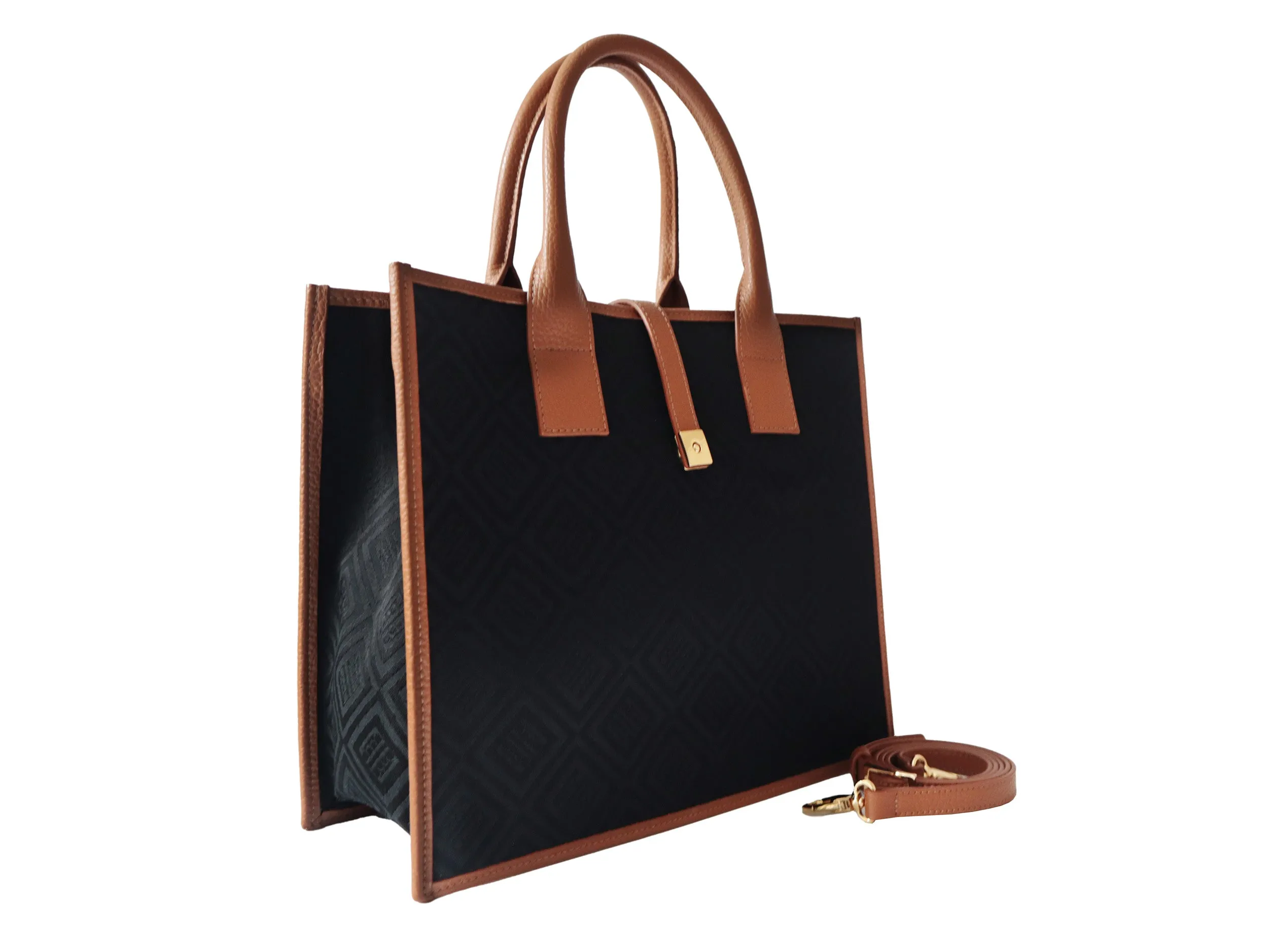 Aurora Compact Logo Jacquard Print Tote Bag - Black/Tan