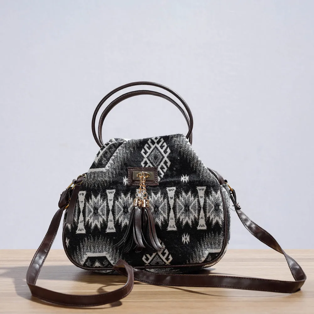 Black - Handcrafted Woven Cotton Sling Bag with Bag Charm