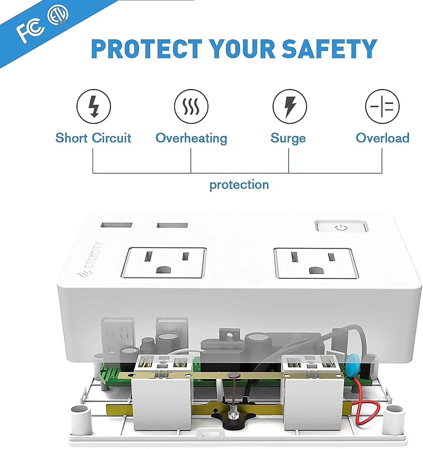 Etekcity Wall Surge Protector Power Strip 2 USB Charging Ports - White