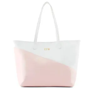 Faux Leather Color Block Tote Bag - Pink & White