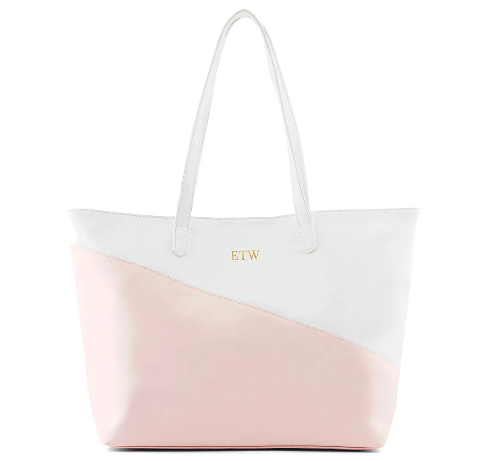 Faux Leather Color Block Tote Bag - Pink & White