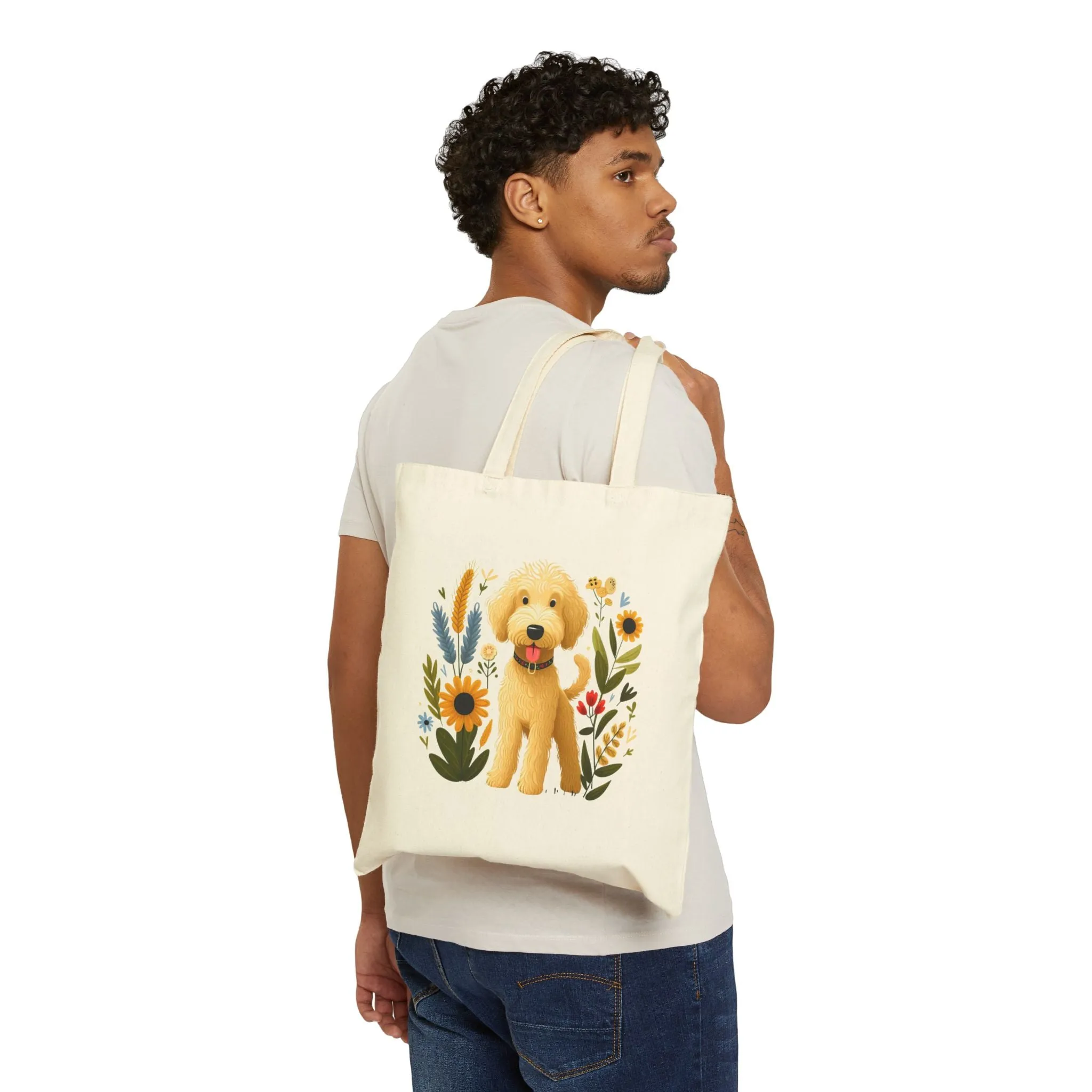 Golden Doodle Cotton Canvas Tote Bag, Cute Dog Floral Shopping Bag, Reusable Eco Friendly Grocery Bag, Pet Lover Gift, Floral