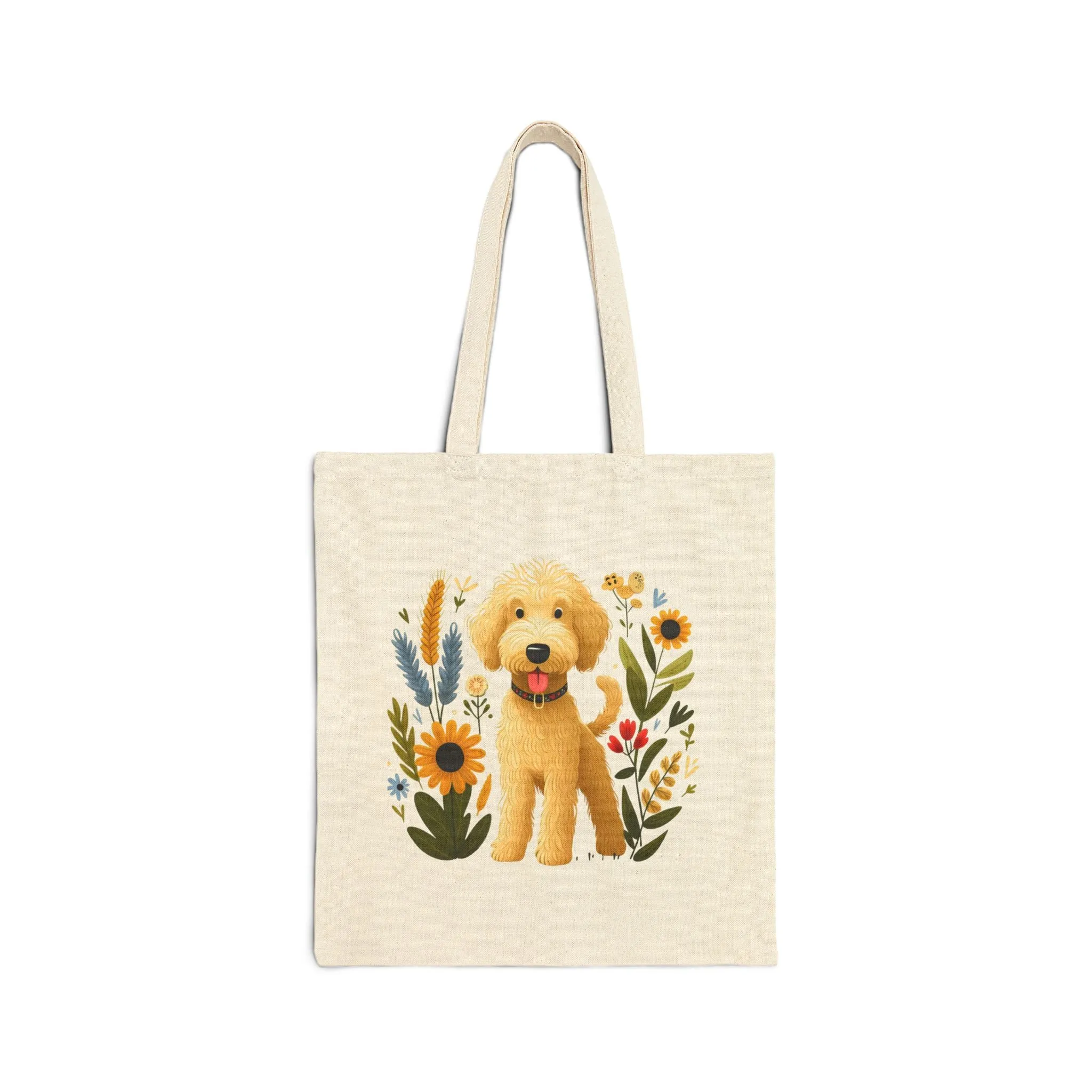 Golden Doodle Cotton Canvas Tote Bag, Cute Dog Floral Shopping Bag, Reusable Eco Friendly Grocery Bag, Pet Lover Gift, Floral