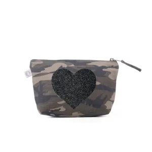 Green Camouflage Makeup Bag with Black Glitter Heart