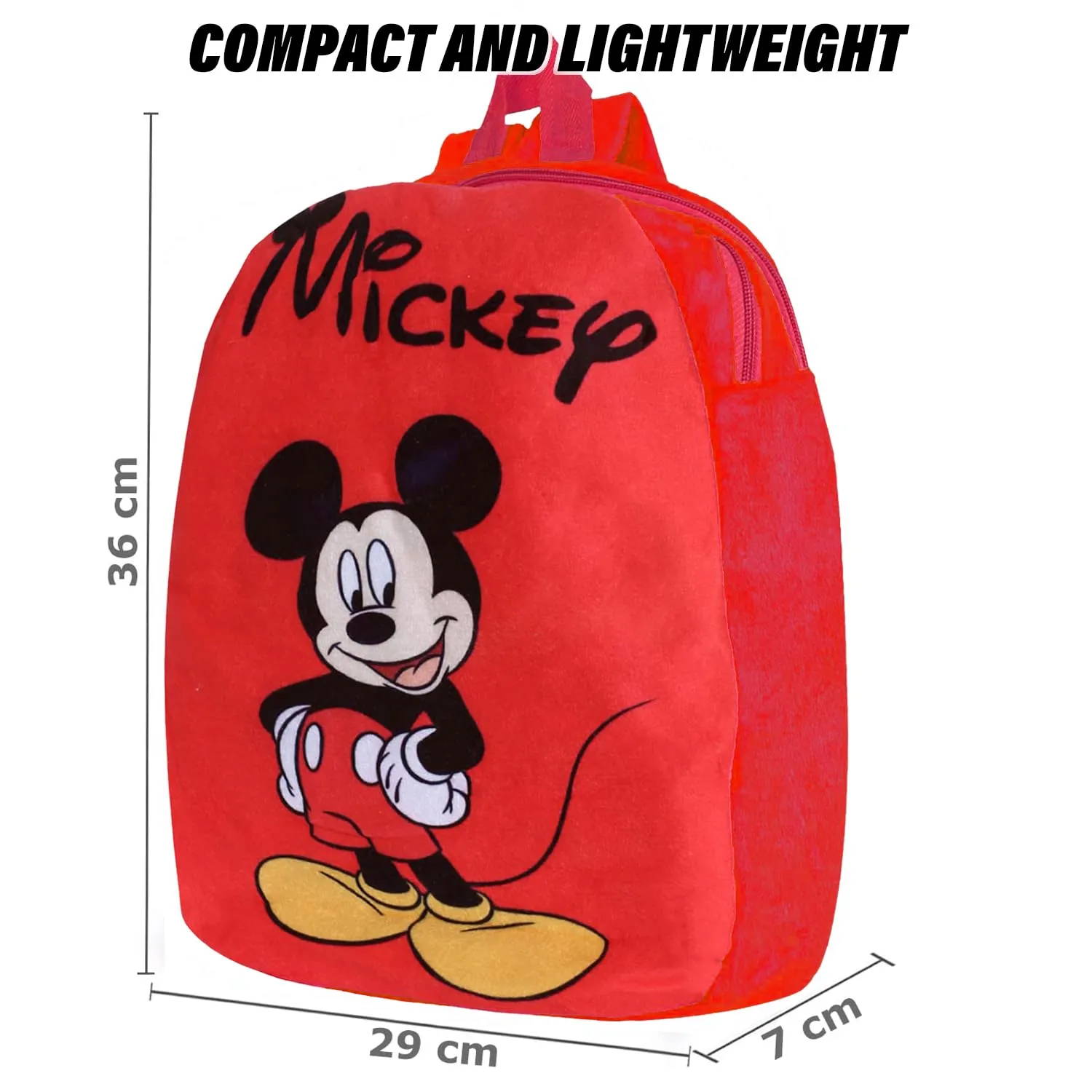 Heart Home Disney Mickey Backpack | 2 Compartment Velvet School Bag | School Bag for Kids | Kids School Backpack | Backpack for School | Red