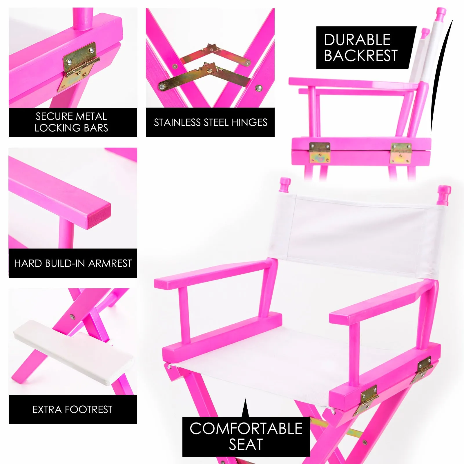 Heavy-Duty Folding Tall Director Chairs 75cm Pink - 2x La Bella