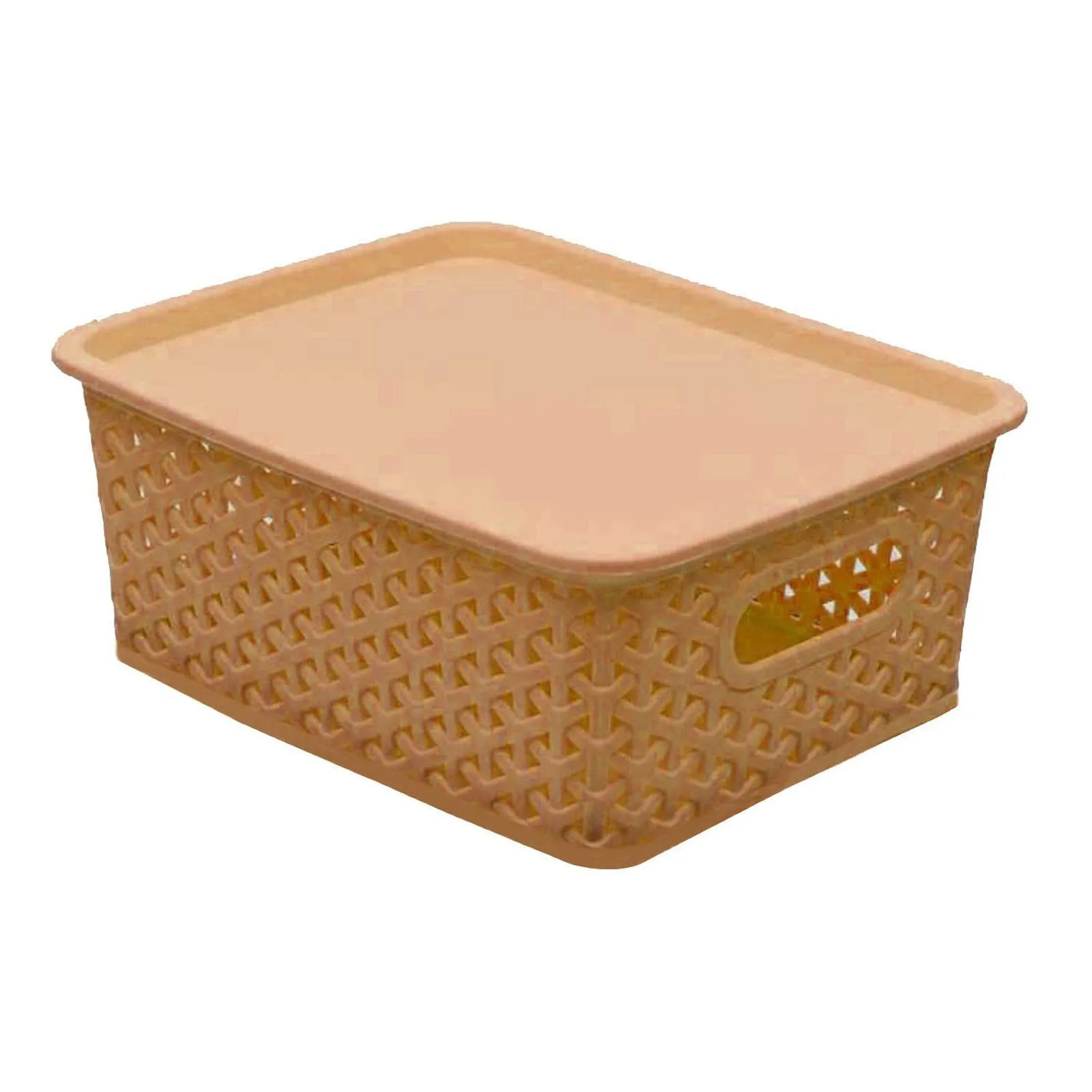 Kuber Industries Plastic Multipurpose Solitaire Storage Basket with Lid|Side Handles & Wovan Design|Size 25 x 20 x 11 CM|Pack of 3 (Multi)-CTLTC010896