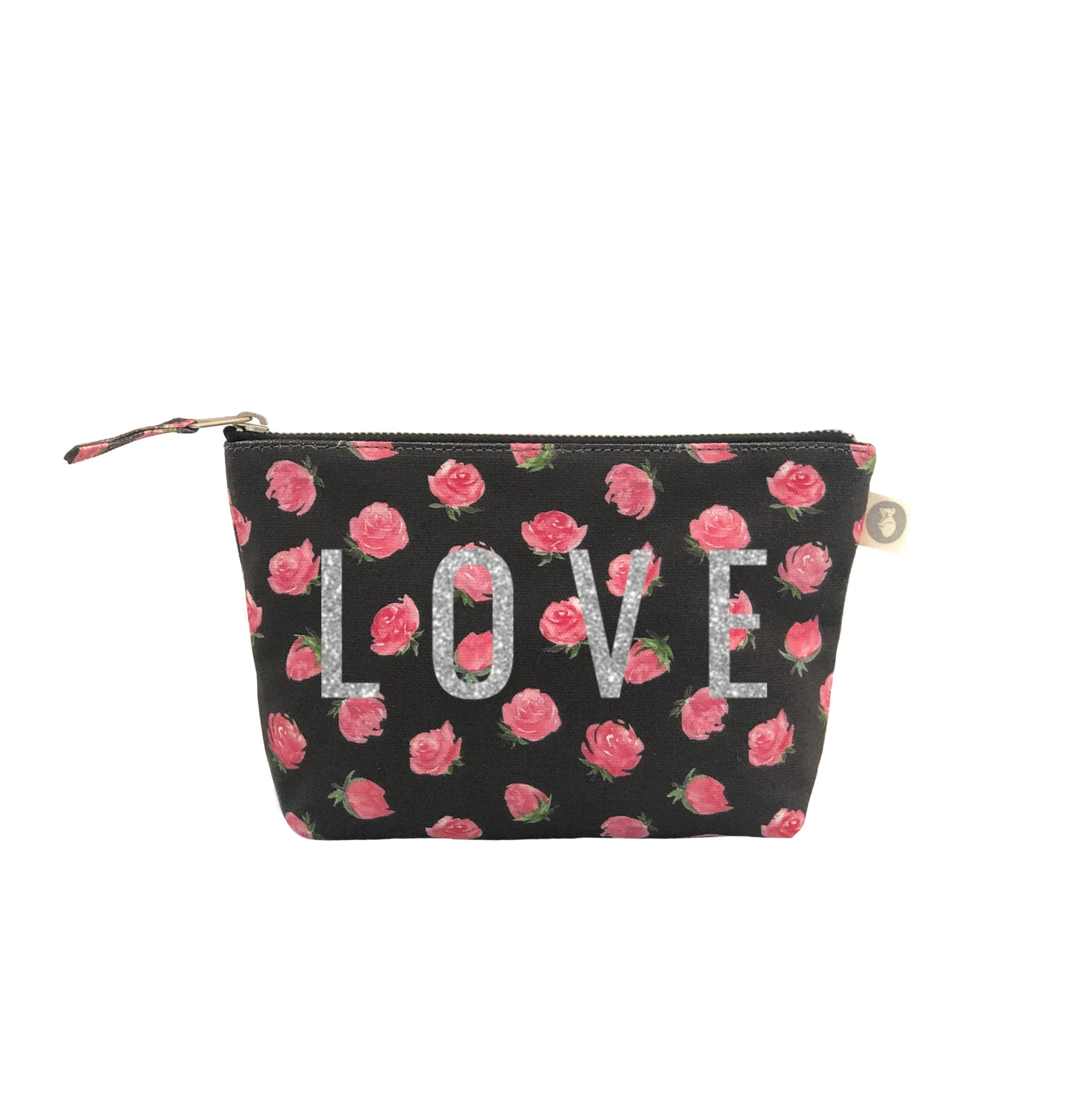 Makeup Bag: Black Floral with Silver Glitter LOVE