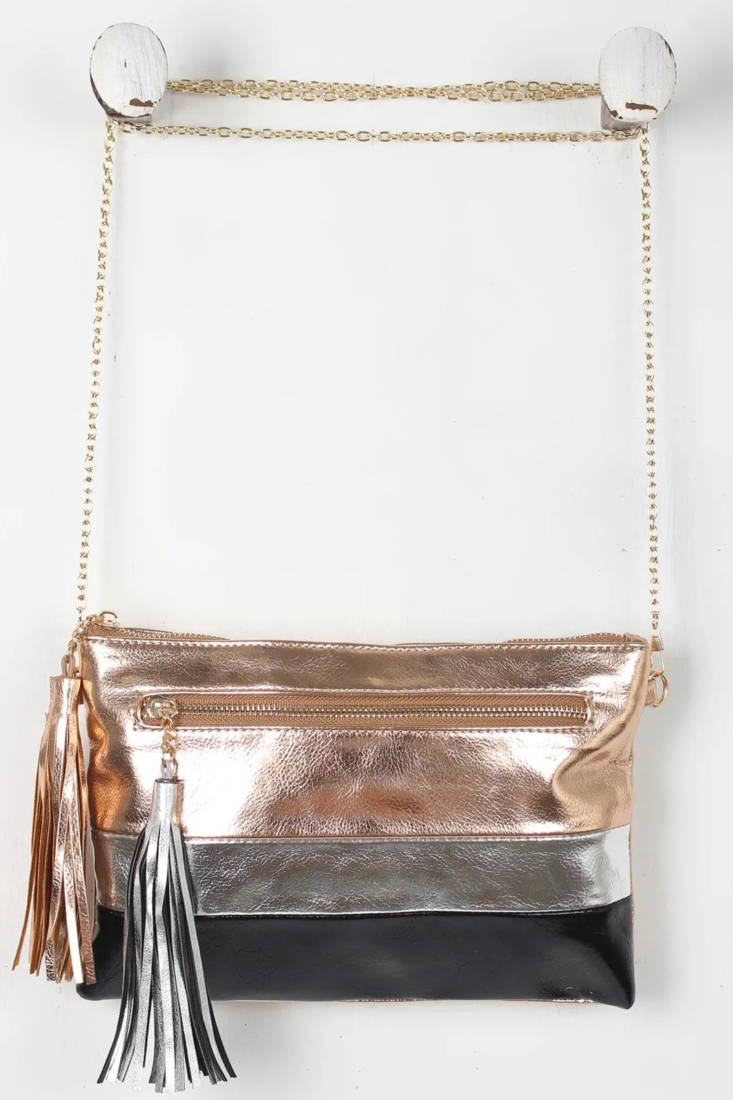 Metallic Tri-Color Tassel Crossbody Bag