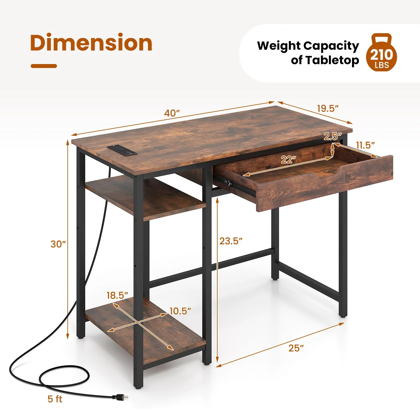 Tangkula Computer Desk with Charging Station, 40” Industrial Home Office Desk with Drawer & Adjustable Shelf