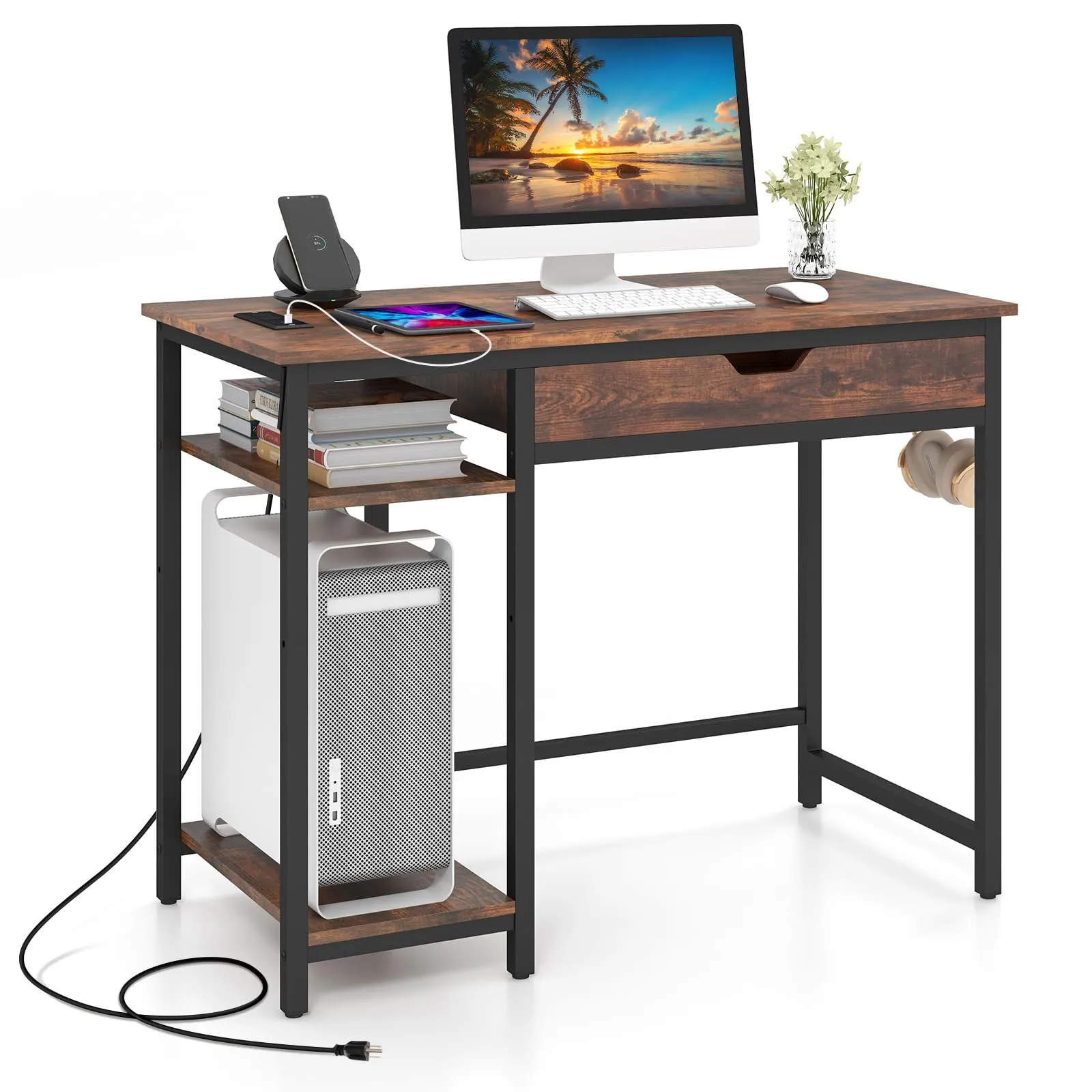 Tangkula Computer Desk with Charging Station, 40” Industrial Home Office Desk with Drawer & Adjustable Shelf