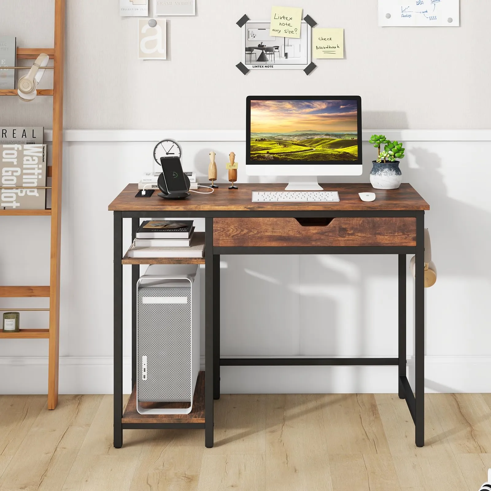 Tangkula Computer Desk with Charging Station, 40” Industrial Home Office Desk with Drawer & Adjustable Shelf