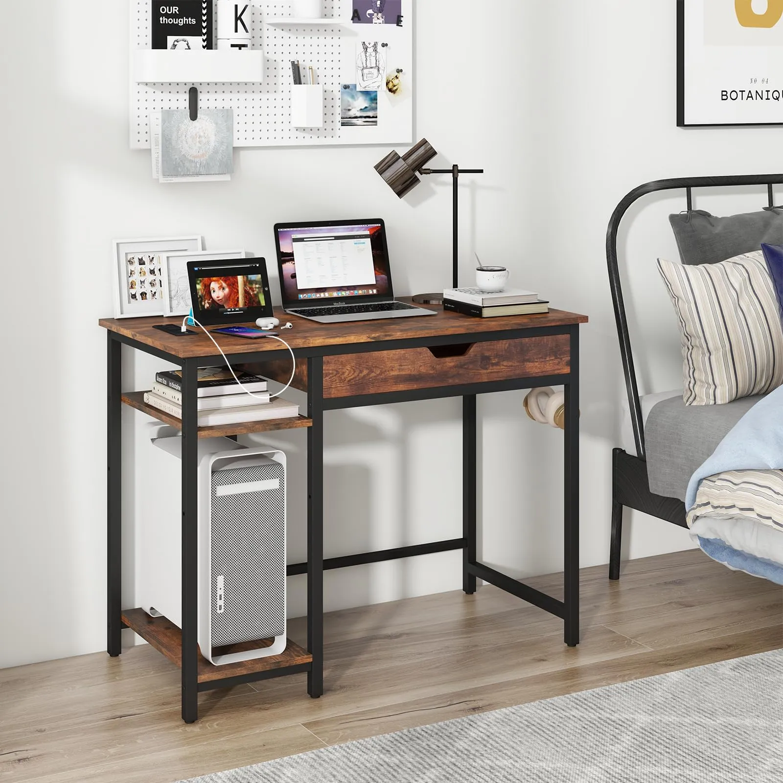 Tangkula Computer Desk with Charging Station, 40” Industrial Home Office Desk with Drawer & Adjustable Shelf