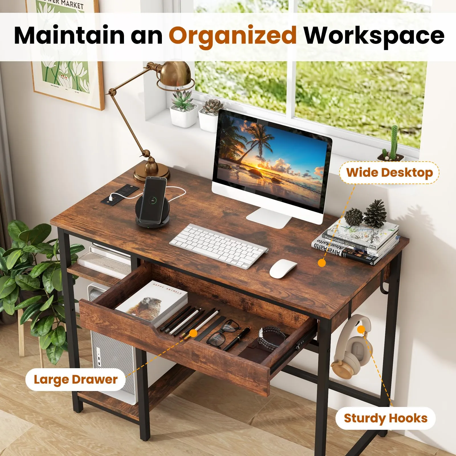 Tangkula Computer Desk with Charging Station, 40” Industrial Home Office Desk with Drawer & Adjustable Shelf