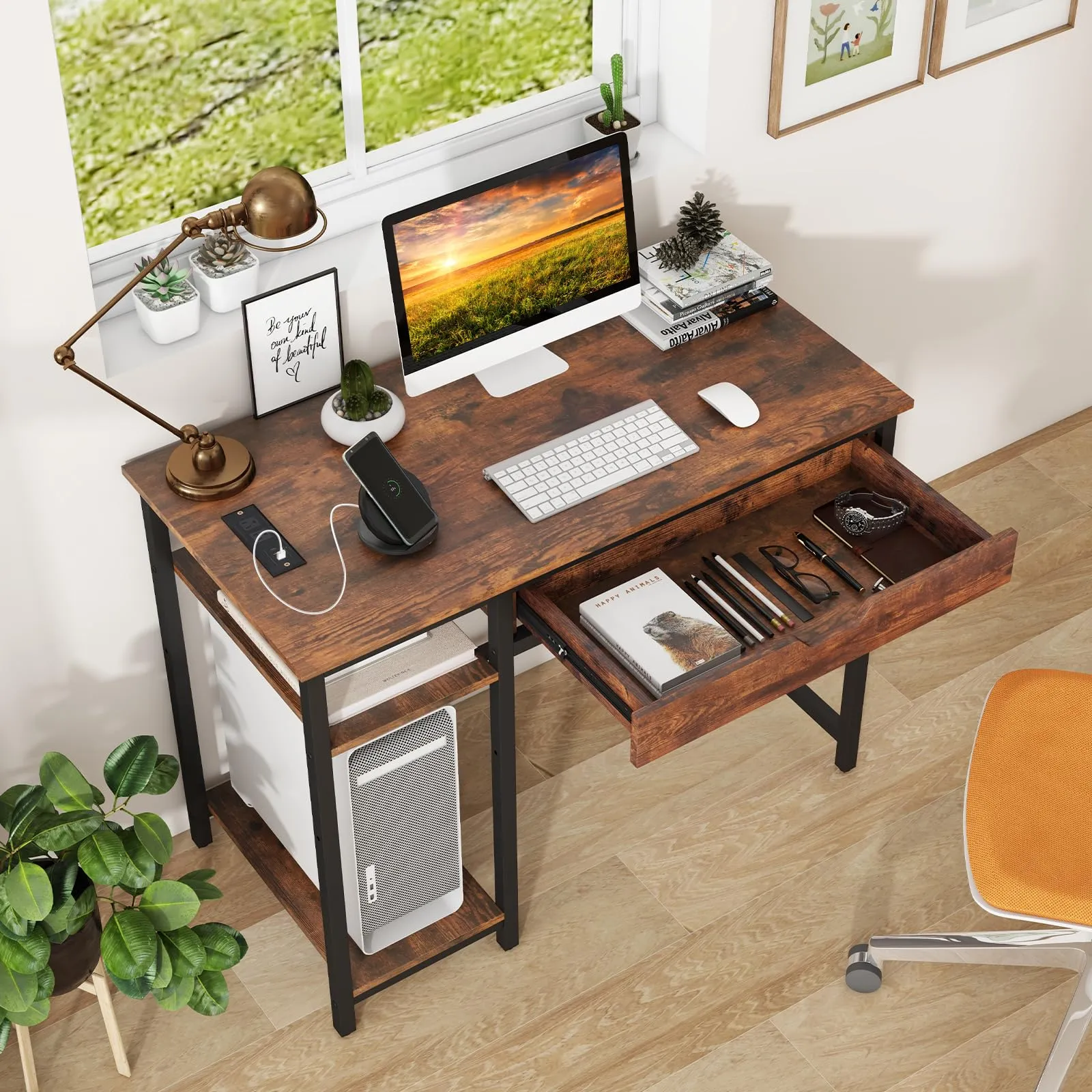 Tangkula Computer Desk with Charging Station, 40” Industrial Home Office Desk with Drawer & Adjustable Shelf