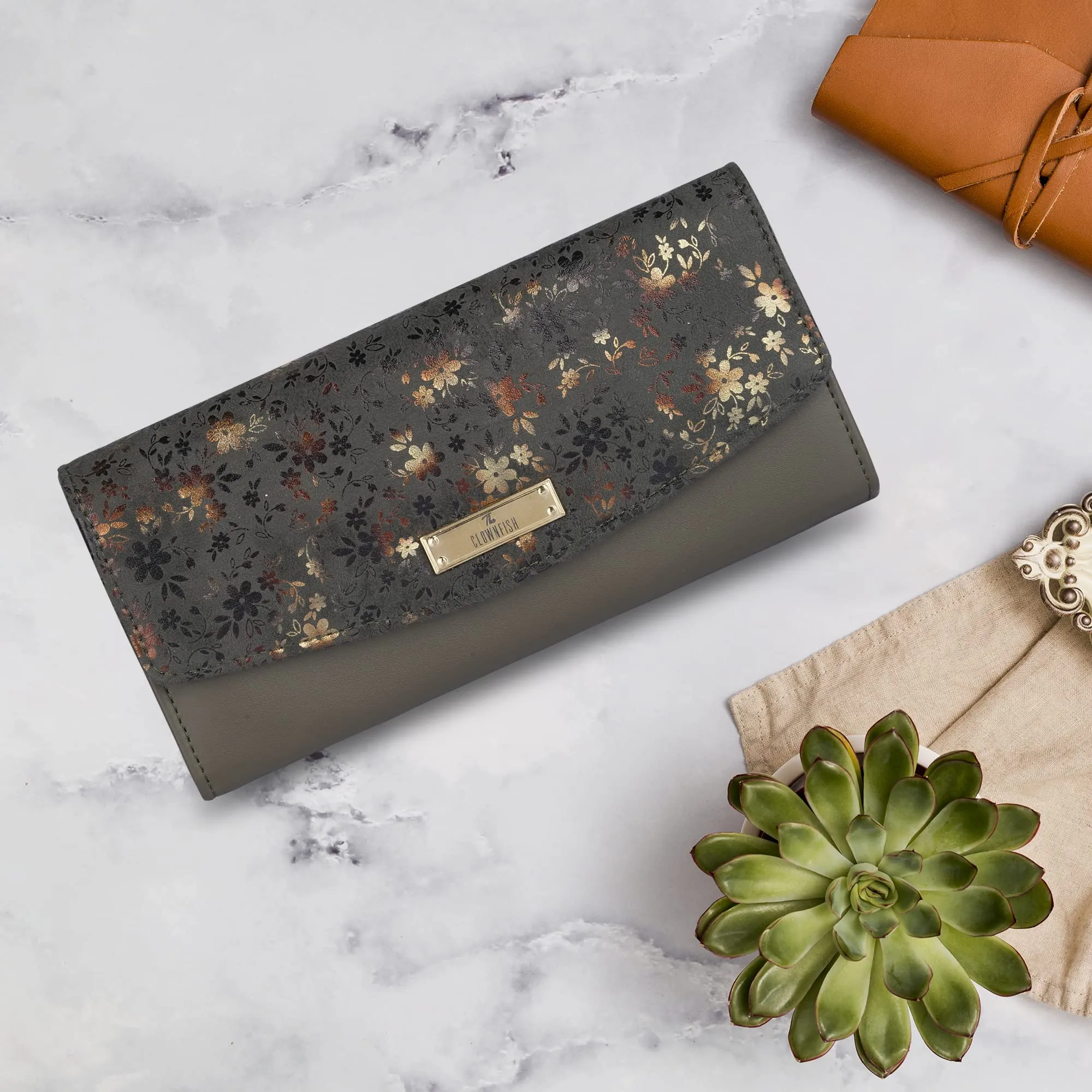 THE CLOWNFISH Jacinta Collection Womens Wallet Clutch Ladies Purse with Floral Design On Flap & Multiple Card Slots (Mehendi)