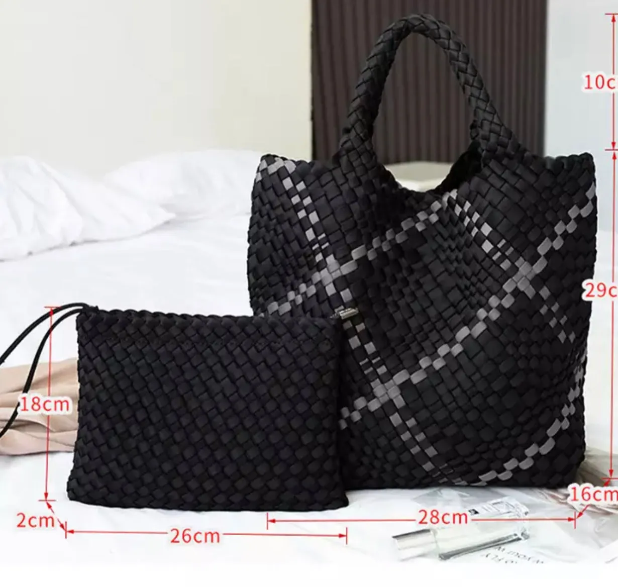 Woven Neoprene Tote and Zip Pouch - Onyx Plaid